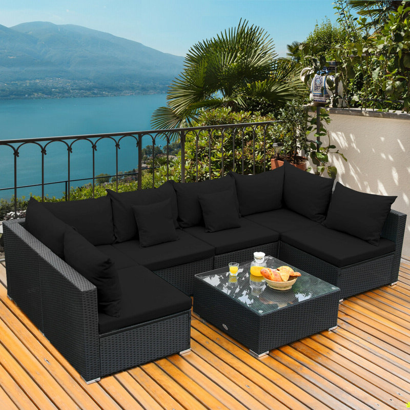 Ensemble de conversation modulaire en rotin 7 pièces avec coussins Finnbar, Noir
