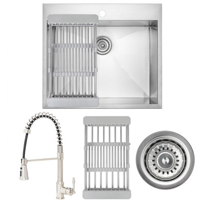 25" L x 22" W Drop-In Kitchen Sink with Faucet and Basket Strainer