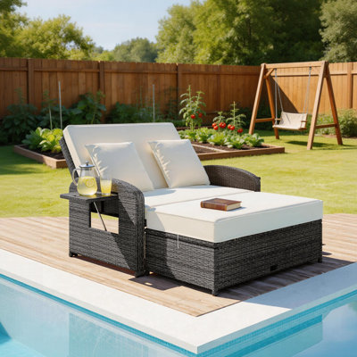 Luxury White 2-In-1 Outdoor Wicker Loveseat With Adjustable Backrest & Pull-Out Ottoman, All-Weather Rattan Patio Sofa Bed With Foldable Side Tables