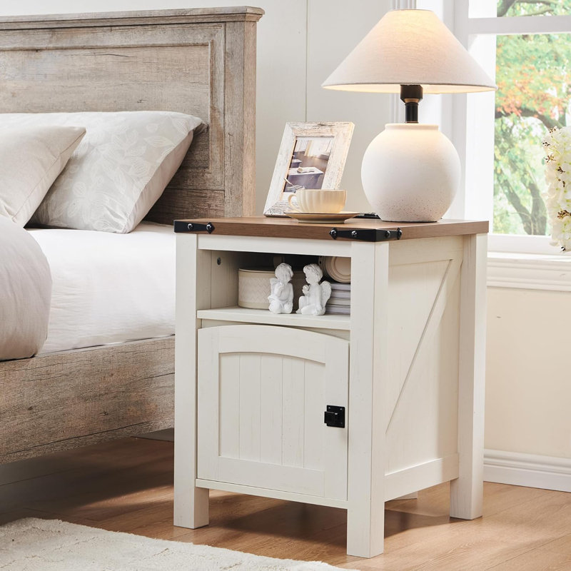 18'' Farmhouse Nightstand – Charging Station & End Table, Tan Top/ White Base