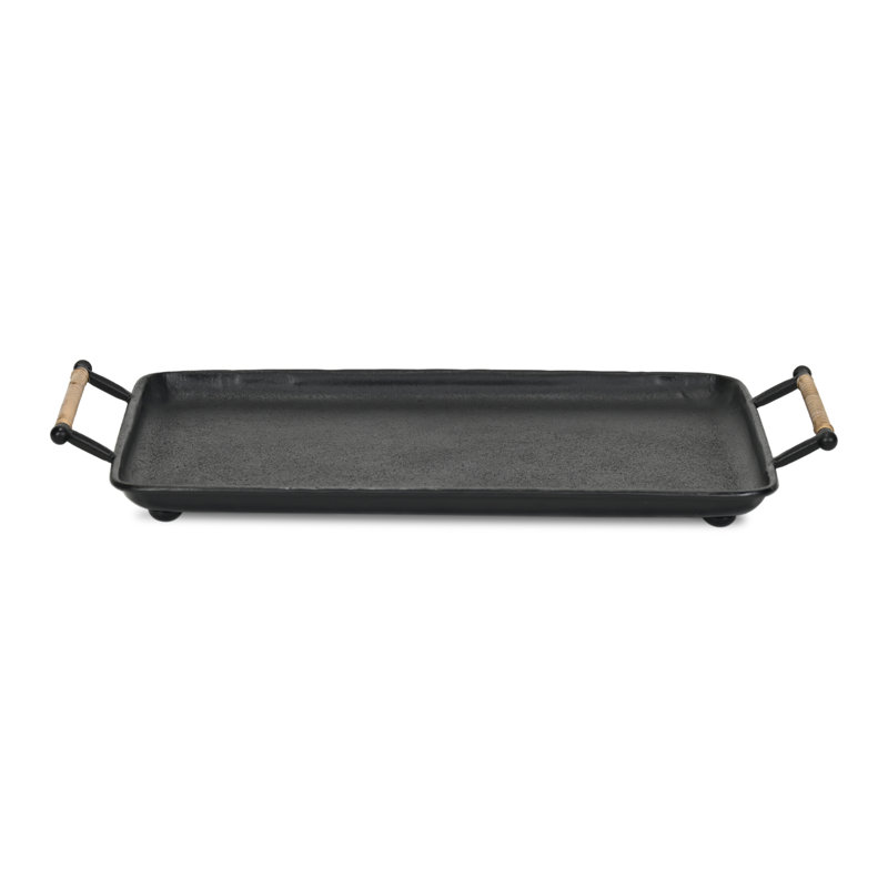 Syla Black Metal Tray with Wicker Wrapped Handles, 1.75" H x 18" W x 11.25" D