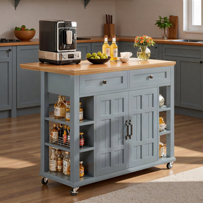  45" Kitchen Island With Drop Leaf & Power Outlet, Mobile Cart With 360° Casters, Storage Drawers For Kitchen Prep
