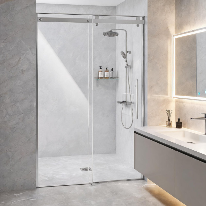 Porte de douche chromée sans cadre de 147 à 150 cm (58 à 59 pouces) avec verre trempé transparent et quincaillerie en acier inoxydable