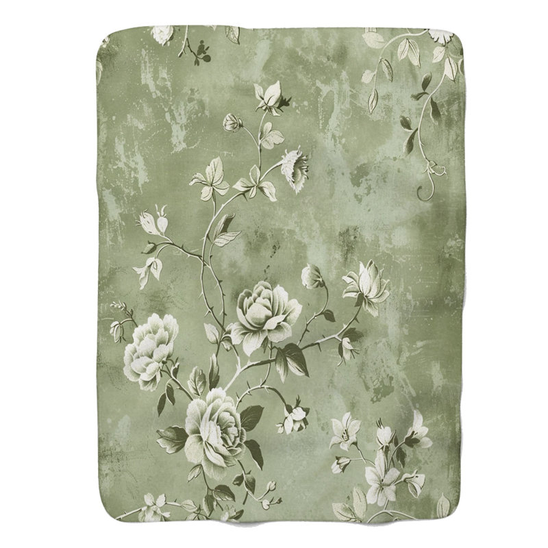 Sage Shabby Elegance Florals - Couverture sherpa de qualité supérieure 1 pièce, Lit simple