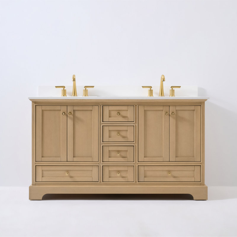Ensemble de meuble-lavabo double 60 po Varna, Chêne / or rose, Quartz blanc pur
