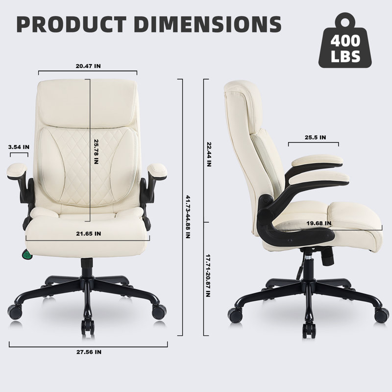 Kheyla Faux Leather Home Office Executive Chair, with Flip-up Armrest and Lumbar Support, Beige
