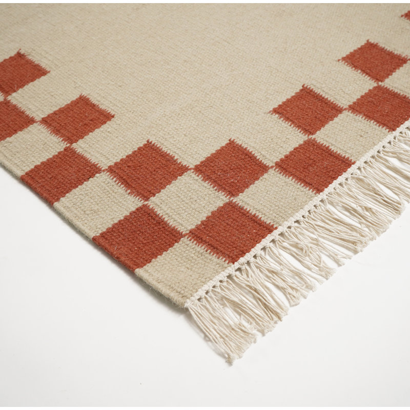 Devarious Flatweave Check Border Hand Woven Area Rug - Traditional Kilim Craftsmanship Inspired, Red, Rectangle 200 x 290 cm