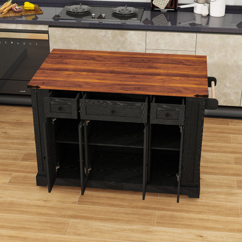 Kitchen Island with Drop Leaf, 3 Drawers, 5 Open Side Racks, Charging Station and Cabinet, Black