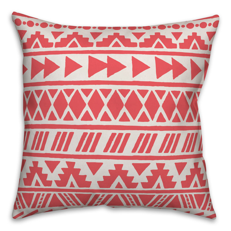  Coussin Tribal, Polyester/ Bourre en polyester, 18" x 18", Blanc cassé / rouge chinois