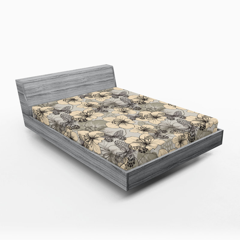Drap-housse Ambesonne, Drap-housse très grand californien, Crème, gris anthracite, gris / floral