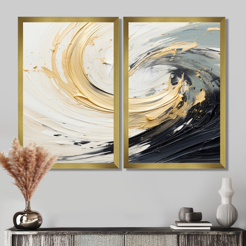 «Radiant Revolve», spirale dorée moderne, H 36 po x l 48 po, Avec cadre, Doré