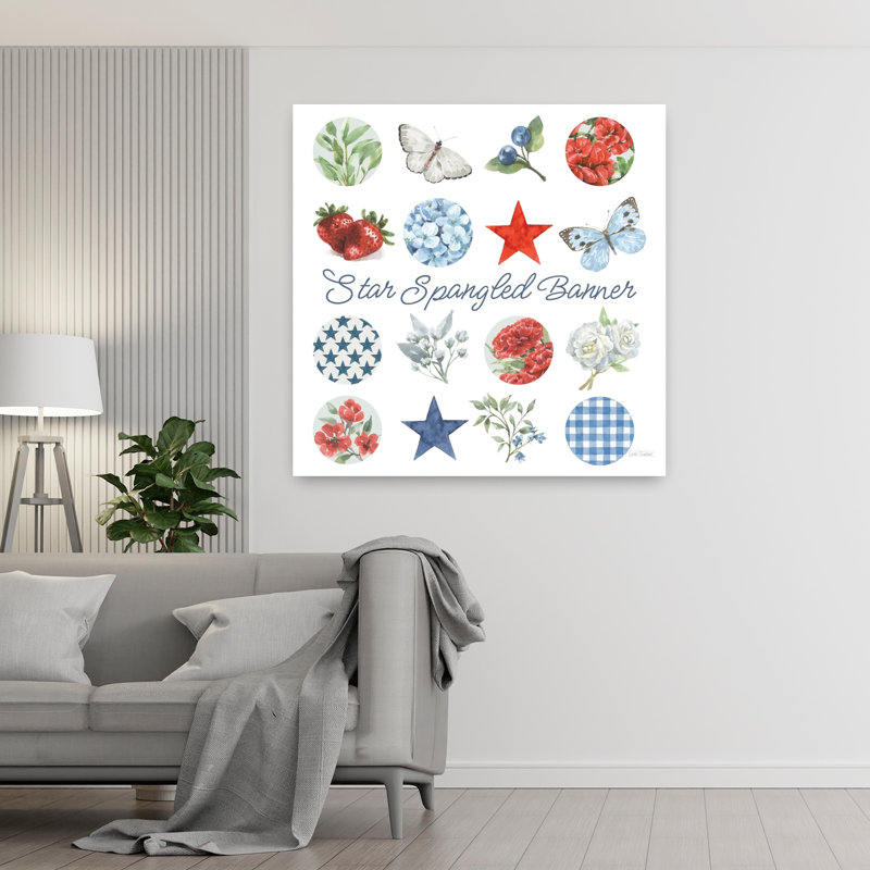 Rouge, blanc, bleu, floral, III, abstrait, contemporain, œillet, hortensia, fleur, été, art, H 48 po x l 48 po