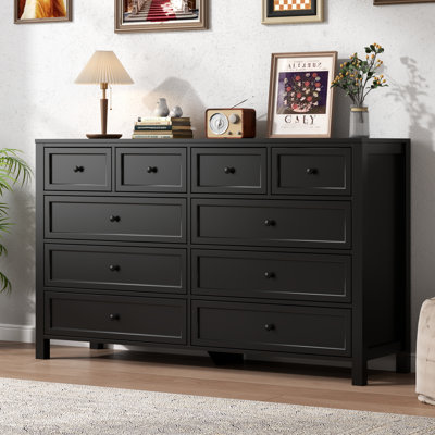 Black Dresser with 10 Drawers for Bedroom, Farmhouse Chest of Drawers, Wide Large Dresser TV Stand with Deep Drawers & Metal Handle
