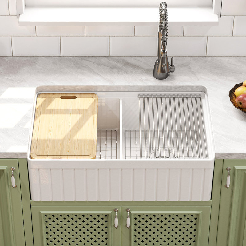 33 in. Fireclay Double Bowl Farmhouse Apron Workstation Kitchen Sink in White with Cutting Board, Bottom Grid, Strainer