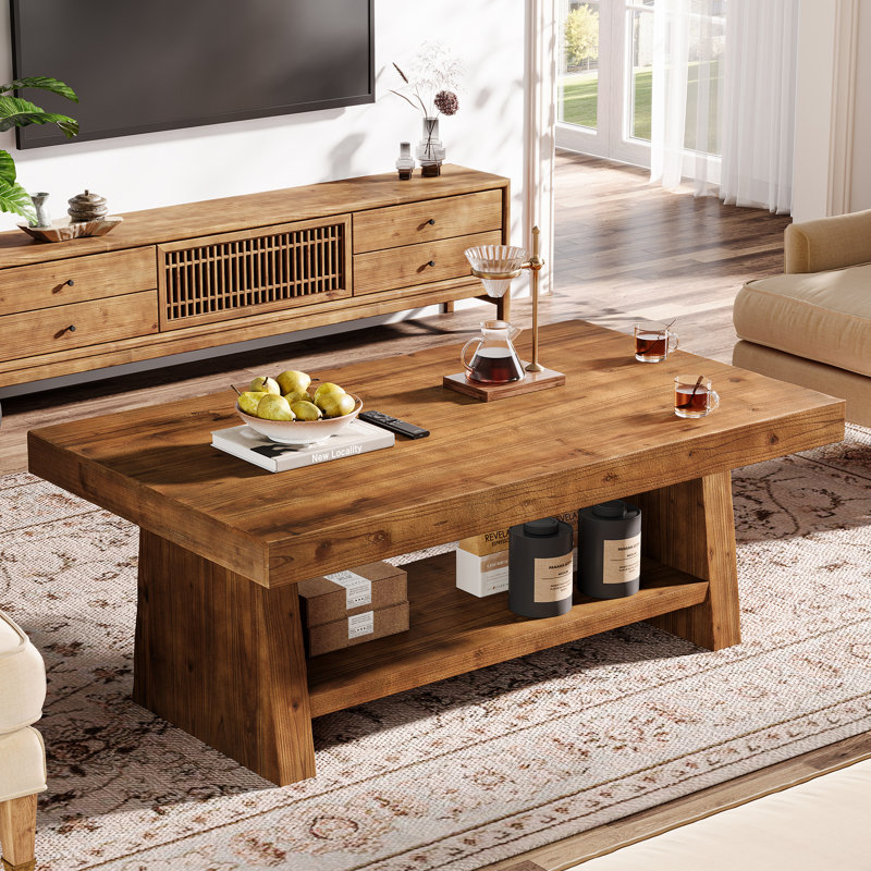 Table basse rectangulaire en bois massif, centre de 47 pouces en bois véritable avec rangement, Naturel