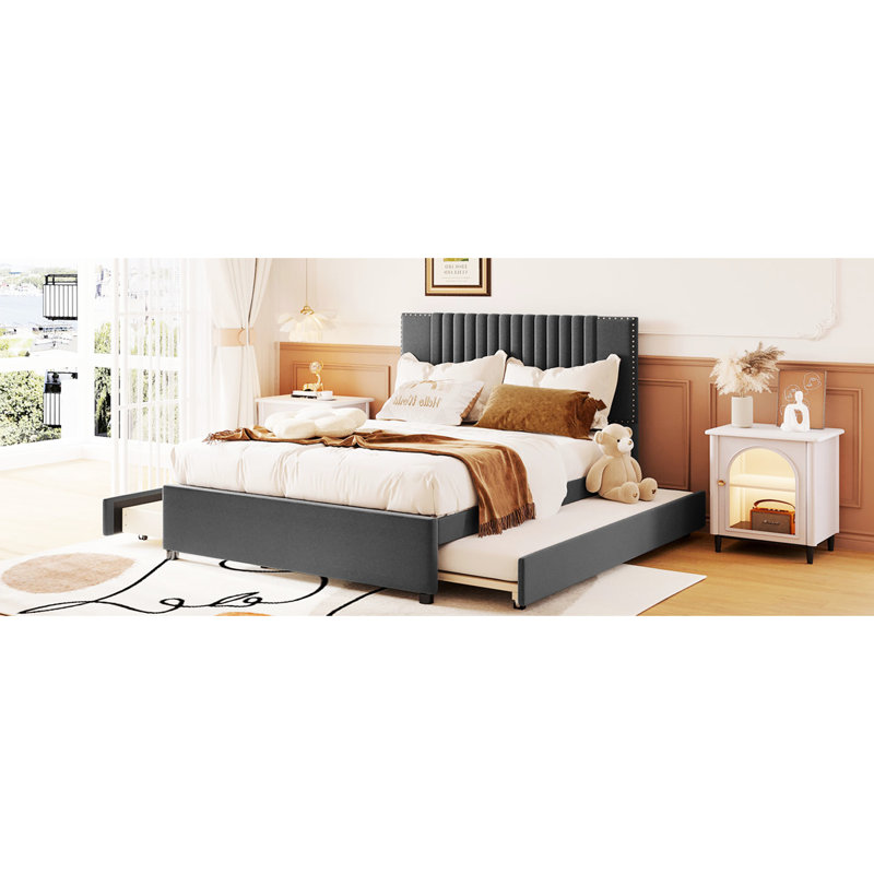 Lit plateforme tapissier gris avec cahiers à 2 tiroirs et lit gigogne, tête de lit classique, tiroirs et tête de lit en contreplaqué, fabrication robuste, rangement pour le confort de la chambre à coucher, assemblage pratique