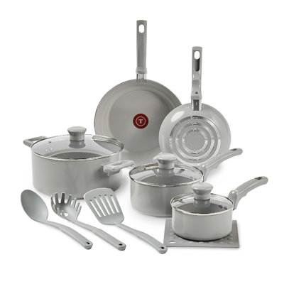 T-fal Essentials, Non-stick 12 Piece Pots And Pans Cookware Set, Moon Grey