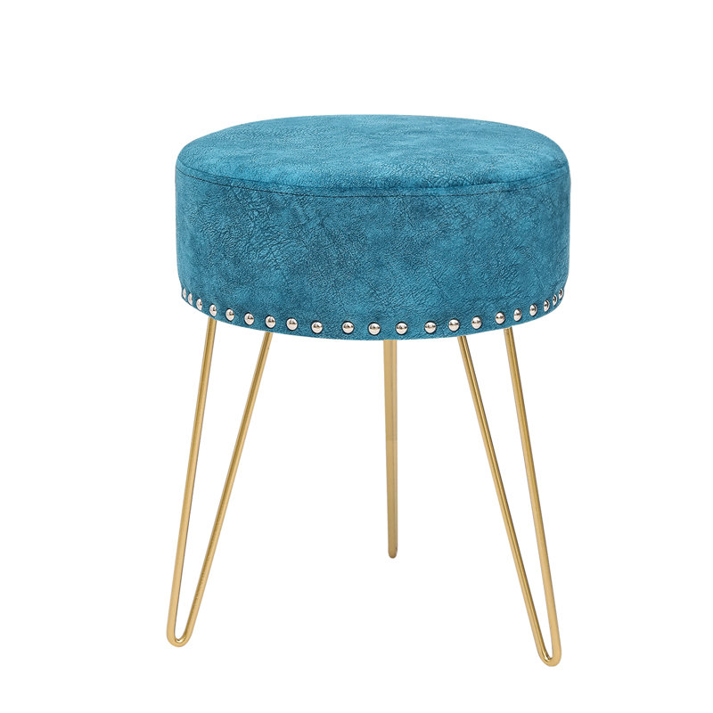 Velvet Round Footstool Ottoman, Blue Velvet