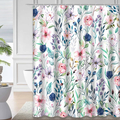 Seamless Floral Watercolor Fabric Blue Shower Curtain with 12 Hooks