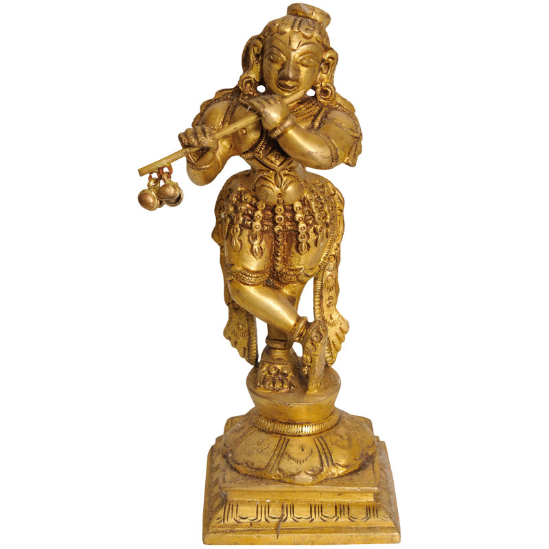 7" Krishna Flute Player Brass Sculpture - Handcrafted Tribhanga Pose Hindu Deity Murlidhar Religious Home Decor Art