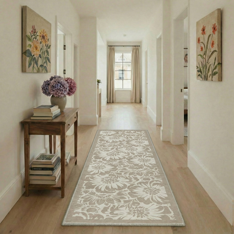Veridian Floral Machine Washable Yellow / White Indoor Area Rug with Non-Slip Backing, Runner 2' x 6'