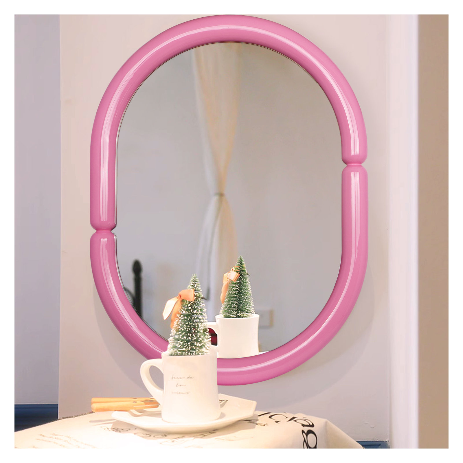 Lorinda Solid Wood Oval Wall Mirror, Pink