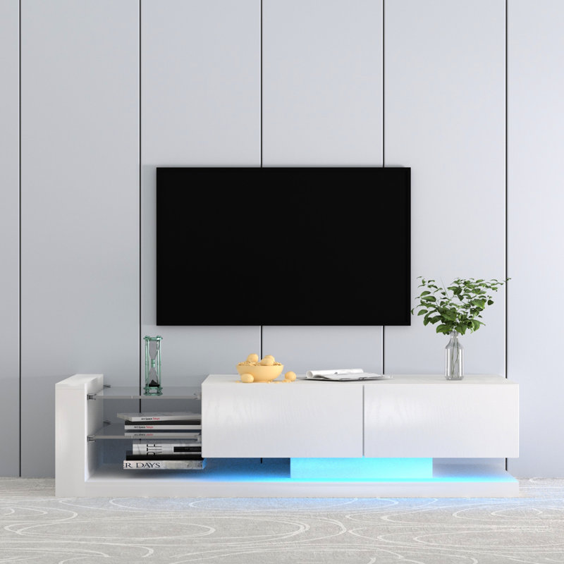 Meuble télé à DEL avec 90% d'espace de rangement, télécommande blanche moderne et lumières contrôlées, Blanc