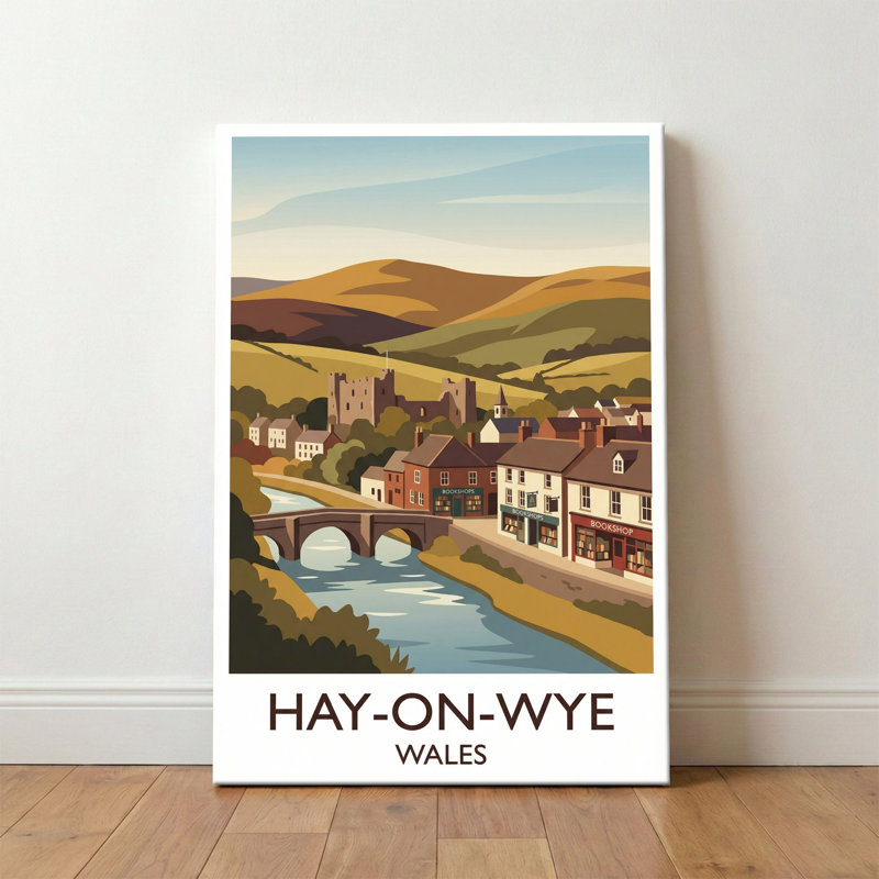 Hay-on-Wye, Wales - Romantic Riverside Book Town Travel Poster. Giclee Print On Wrapped Canvas. Wall Art, Home Decor - Cities & Towns, Wales - Wrapped Canvas Print