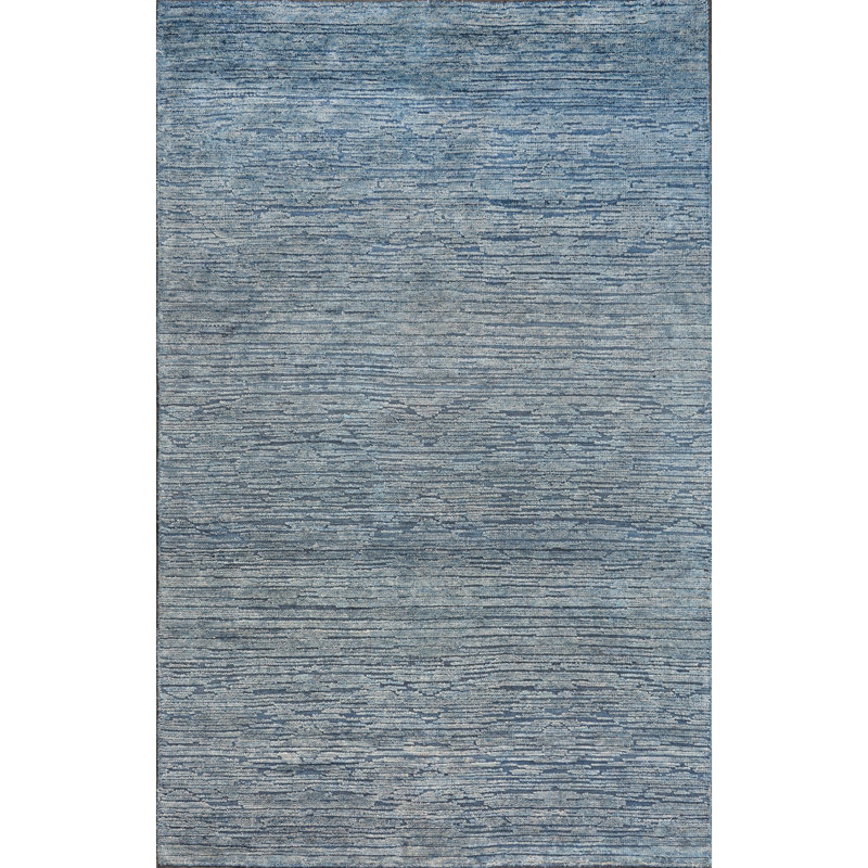 Tapis rectangulaire en laine noué à la main bleu / beige, Rectangle 6 pi x 9 pi