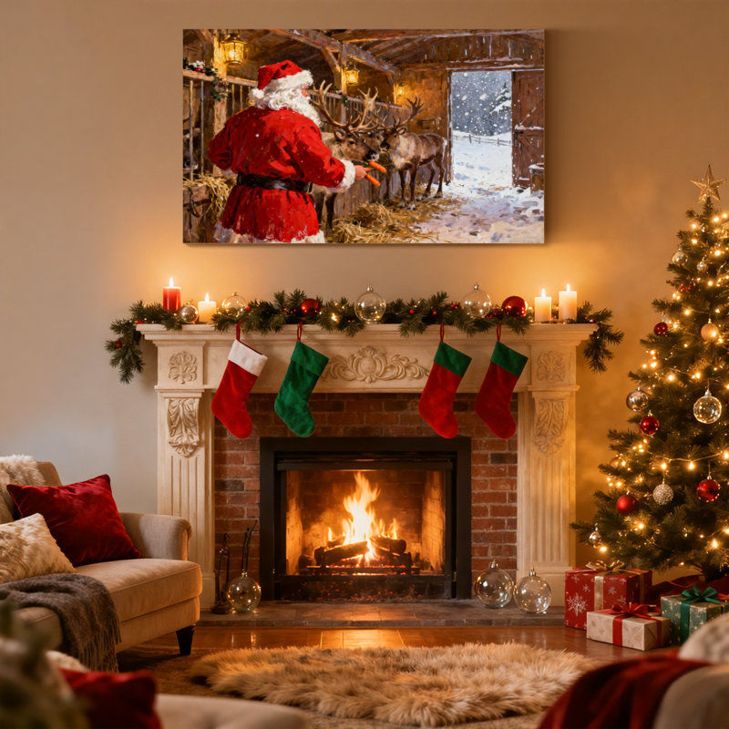 Ensemble de 3 reproductions d'art sur toile de Noël renne dans une grange enneigée, H 16 po x l 24 po