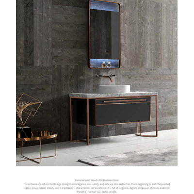 Bulgary- Grey Gloss With Rose Gold Metal Framed Quartz Top White Vessel Bathroom Vanity Set