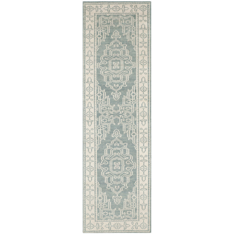 Amariona Hand Knotted Wool/Cotton Oriental Rug in Ivory/Blue, Runner 2'3" x 8'