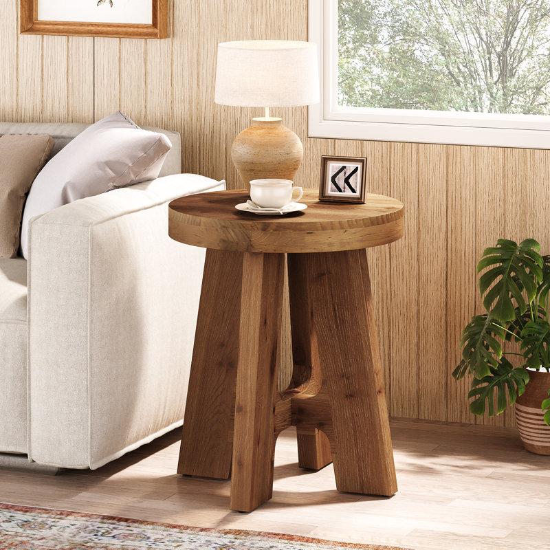 Table d'appoint ronde en bois massif rustique, table de bout de style campagnard pour le salon ou la chambre à coucher, petite table de chevet brune