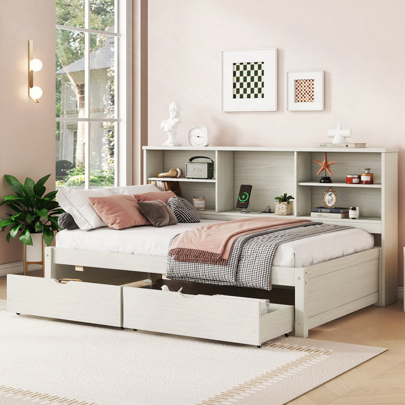 Structure de lit simple avec tablettes latérales, deux tiroirs et port USB intégré, Blanc crémeux