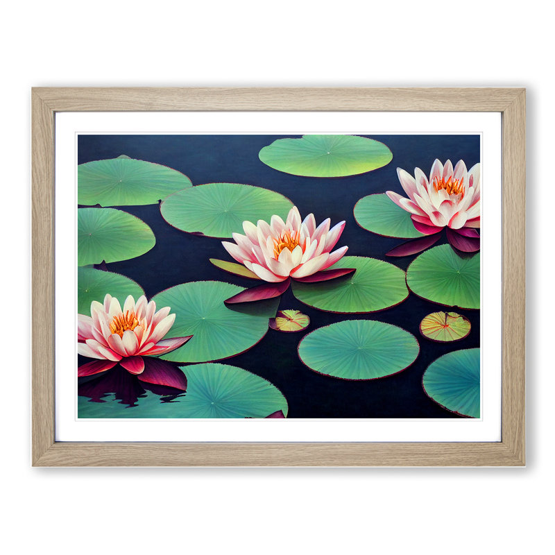 Radiant Water Lily Pond - Single Picture Frame Painting, 25cm H x 34cm W x 2cm D, Oak
