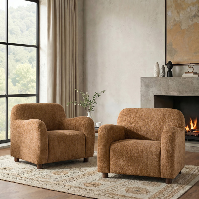 Fauteuil rembourré en laine d'agneau de 35 po de large avec pieds en bois massif Ambrine, Caramel