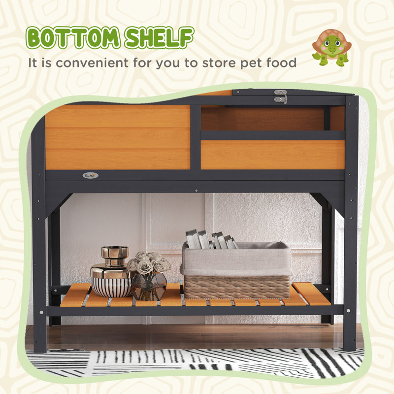Tortoise Habitat 2 Layers Tortoise Enclosure w/ Adjustable Lamp Holder, Storage Shelf, Removable Main House, Fixed Tray, Openable Lid, Yellow,wood