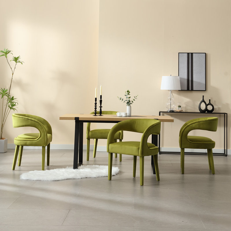 Green Velvet Upholstered Arm Dining Chairs with Wood Legs, Set of 4