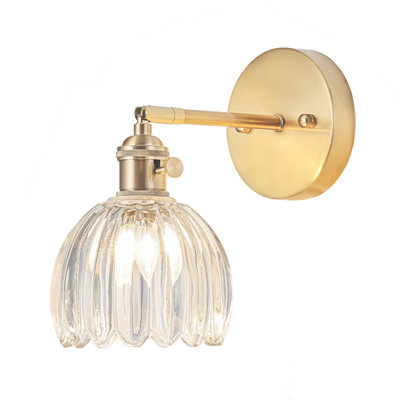 Applique murale câblée, applique murale rétro avec interrupteur, applique murale dorée avec abat-jour en verre transparent tulipe, applique murale d'intérieur pour la salle de bain de la chambre, lampe murale de chevet