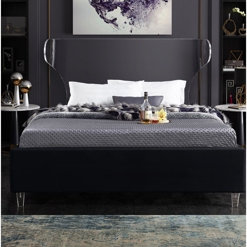 Ulm Upholstered Platform Bed, Black Velvet, Queen