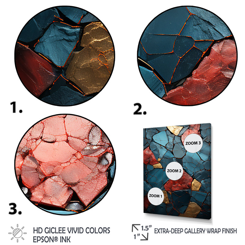 Décoration murale bleue et rouge Elegance I - marbre, Encadrement doré, H 32 po x l 16 po x P 1 po