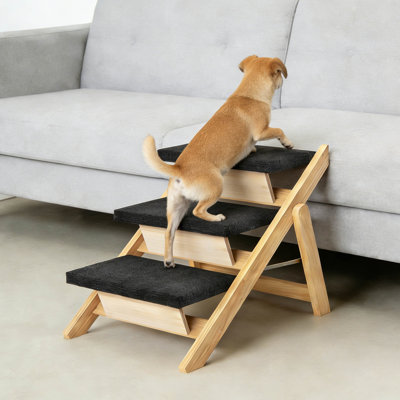 Medium Dogs Wooden Pet Stairs For High Beds, Car - 21 Foldable Dog Ramp With Non-slip Pads, Portable And Up To 150 Lbs, 3 Steps Reach , Couch Lbs