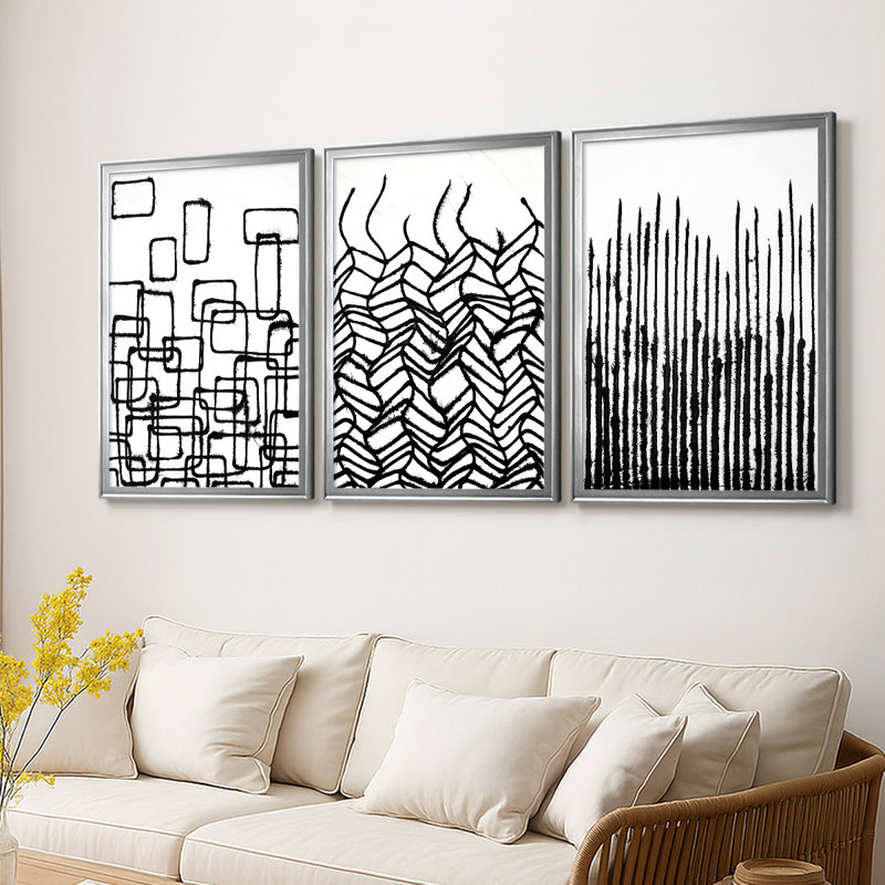 Linear Effervescence I - Toile tendue avec châssis sur mesure - 3 pièces, H 15 po x l 19 po, Argent argent