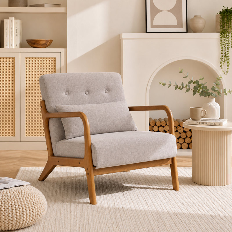 Walthill 63 cm Modern Scandinavian Solid Wood Armchair, Grey, Linen Blend