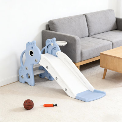 Glissade avec esthétique girafe, grimpeur à 3 marches, cerceau pour la croissance des compétences, matériau, pédales antidérapantes, mains courantes latérales, 1 an et plus, bleu et blanc, glissade autoportante facile à installer, conception stylisée,