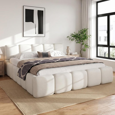 California King Size Platform Bed, Boucle Thick Headboard and Footboard, Upholstery Grounded Beds, Block Style, White