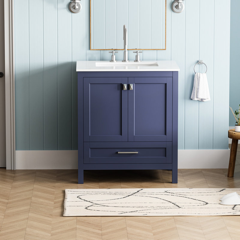 Meuble-lavabo bleu marine 30 po - entièrement assemblé avec lavabo et structure en bois massif. Comptoir en marbre. Système de fermeture en douceur. Salle de bain élégante. 30,44 po de profondeur x 18,75 po de largeur, 34,39 po de hauteur. 91,08 lb