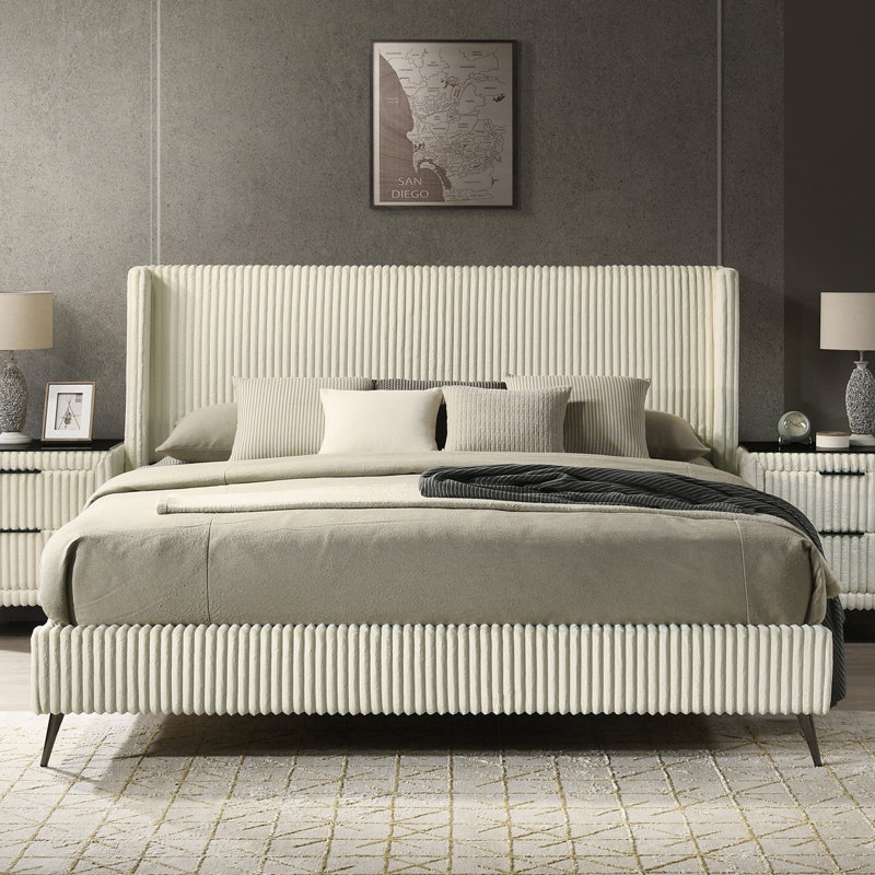 Lit à panneau en velours côtelé Corduroy, Beige, Très grand lit