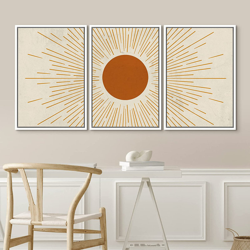 Géométrique, orange brûlé, soleil brillant, astronomie et ciel de l'espace - 3 pièces, cadre flottant, impression sur toile
