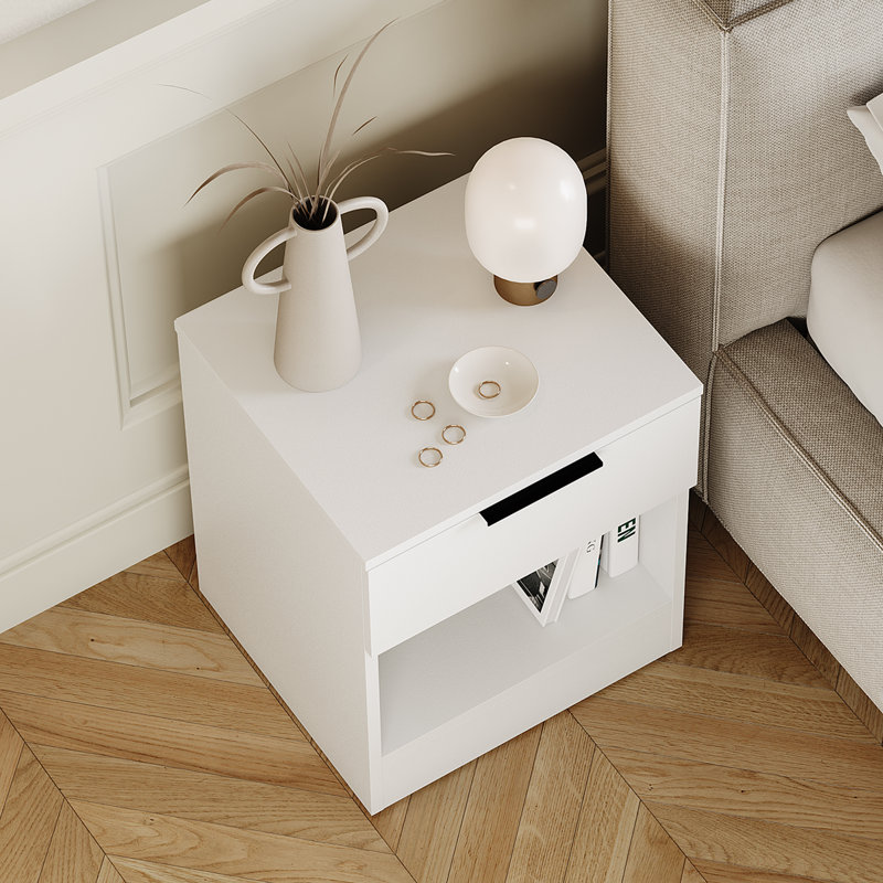 Tanishi 1 Drawer Bedside Chest With Open Storage Shelf Modern Bedroom Nightstand, White